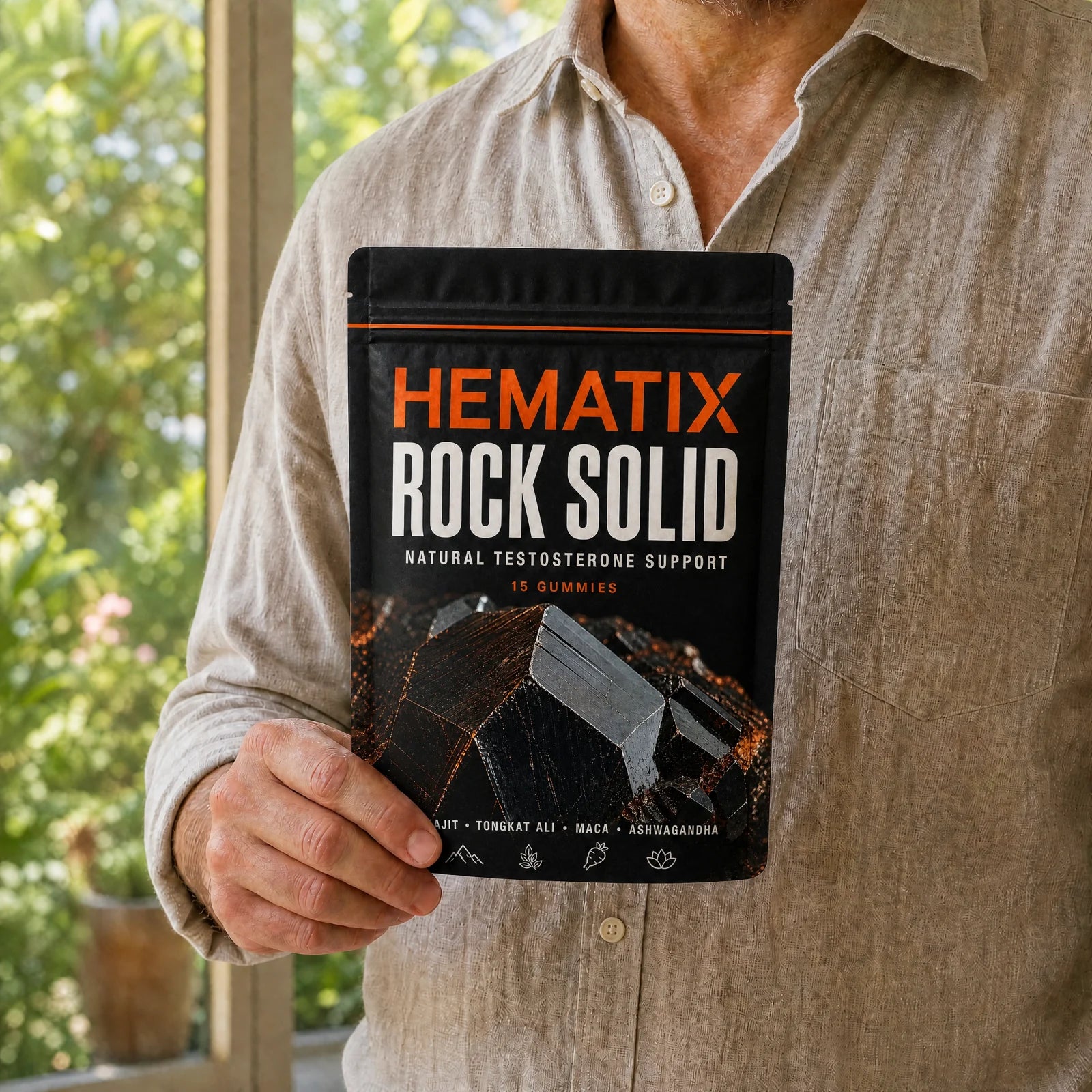 HEMATIX Daily T-Support pouch held in an adult hand