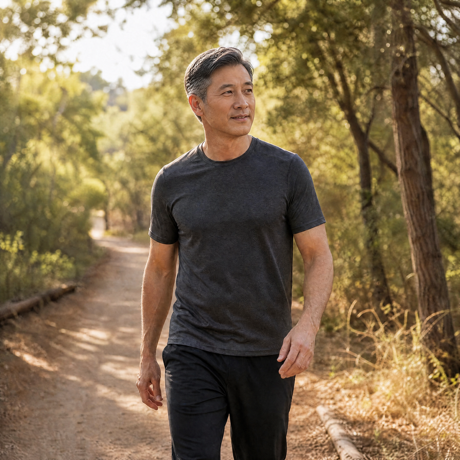 An adult man taking a light outdoor walk