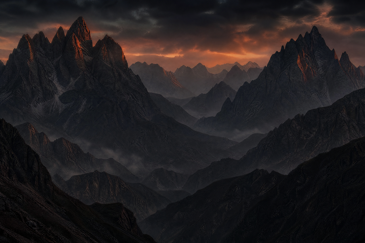 Sculptural mountain peaks in charcoal and warm copper light
