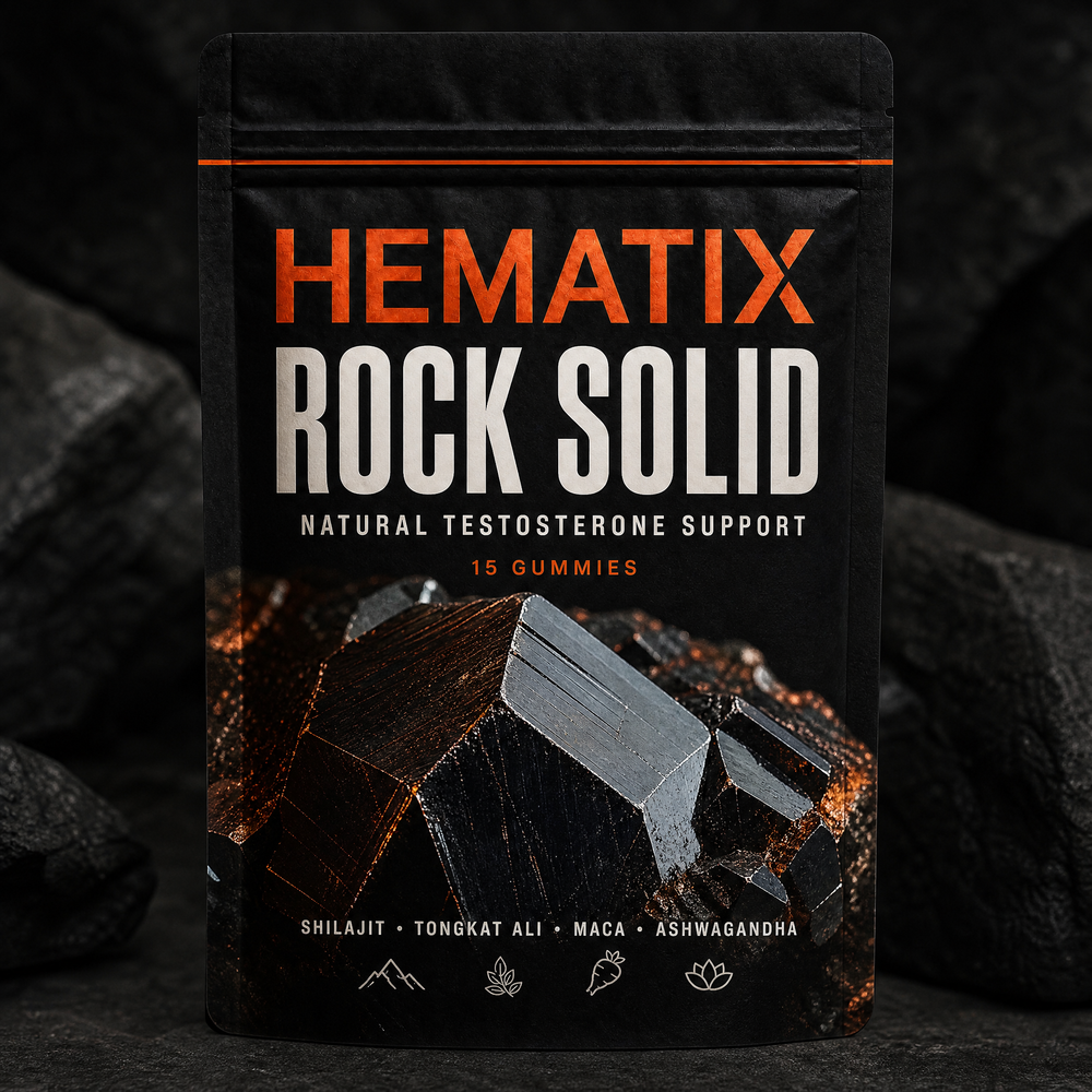 HEMATIX ROCK SOLID black pouch with orange branding and a hematite crystal