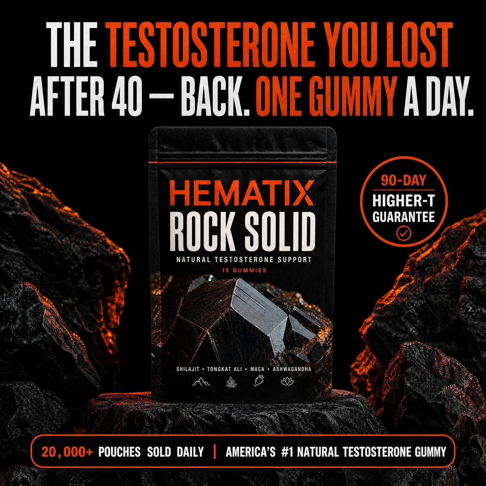 HEMATIX ROCK SOLID — the testosterone you lost after 40, back. 20,000+ pouches sold daily